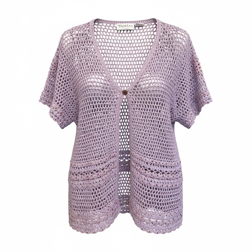 Tanjay Lilac Purple Crochet Open Knit Cardigan Short Sleeve Topper Sweater Sz MP